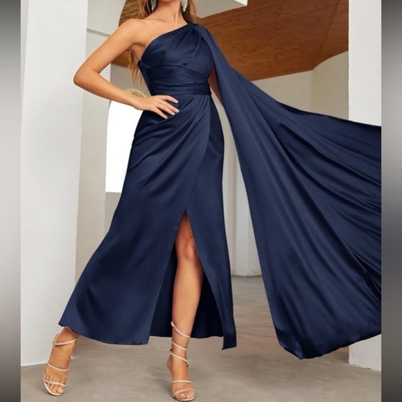 Luxe one shoulder party formal evening wedding prom satin dress - Picture 14 of 16